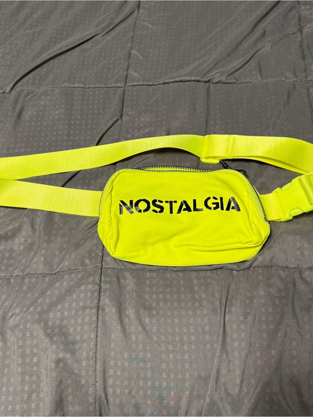 Unbranded neon yellow nylon belt bag Fanny Pack with black Lettering NOSTALGIA